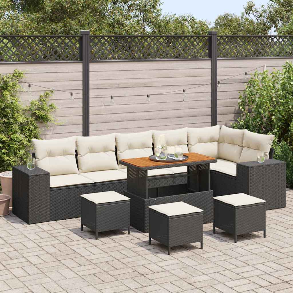 vidaXL Tuinbank Set met kussen 9 pcs Zwart poly rattan