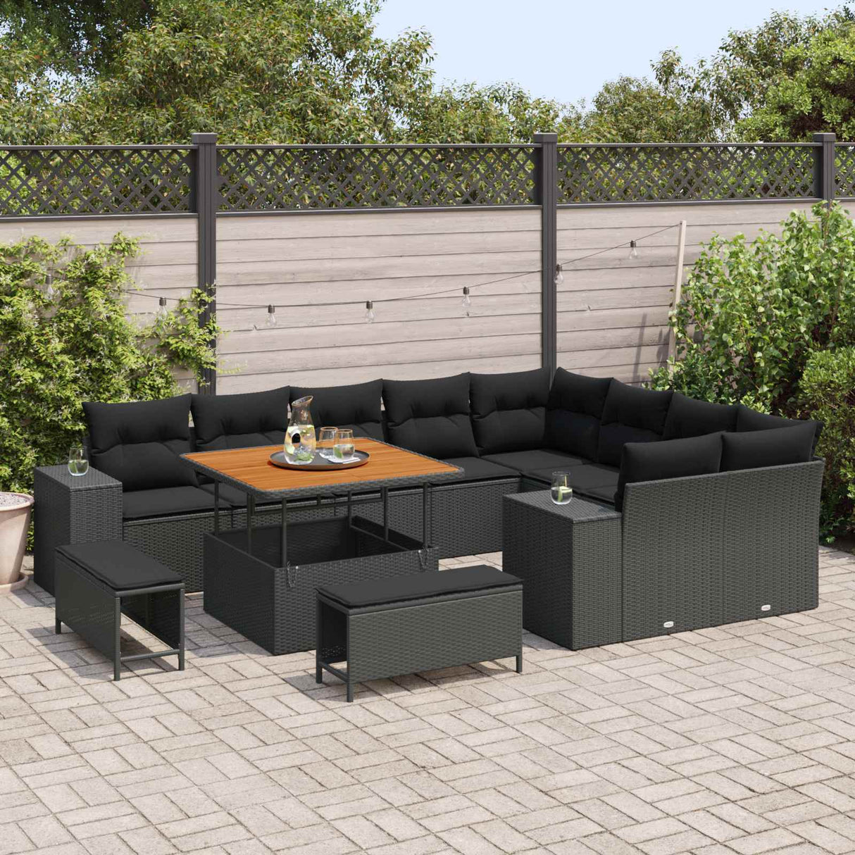 vidaXL Tuinbank Set met kussen 12 pcs Zwart poly rattan