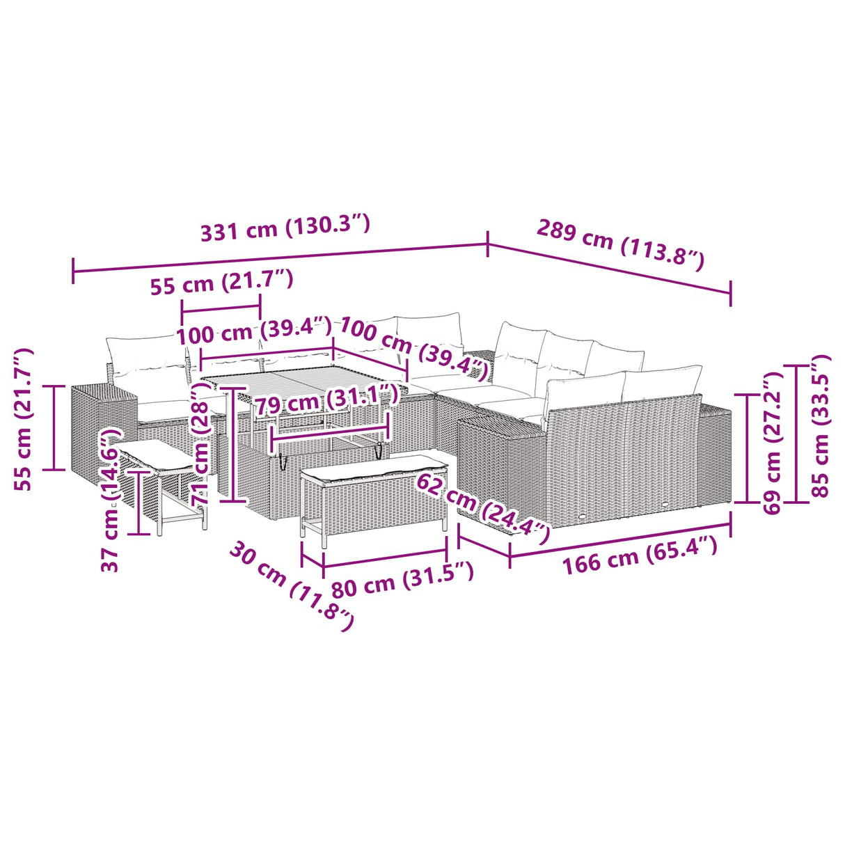 vidaXL Tuinbank Set met kussen 13 pcs Zwart poly rattan