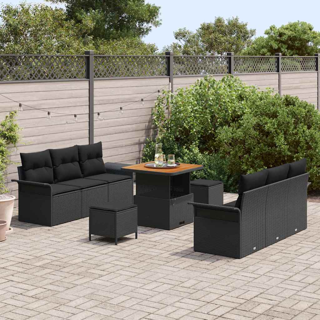 vidaXL Tuinbank Set met kussen 9 pcs Zwart poly rattan