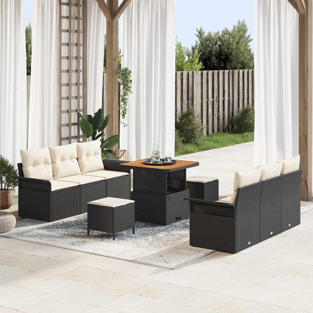 vidaXL Tuinbank Set met kussen 9 pcs Zwart poly rattan