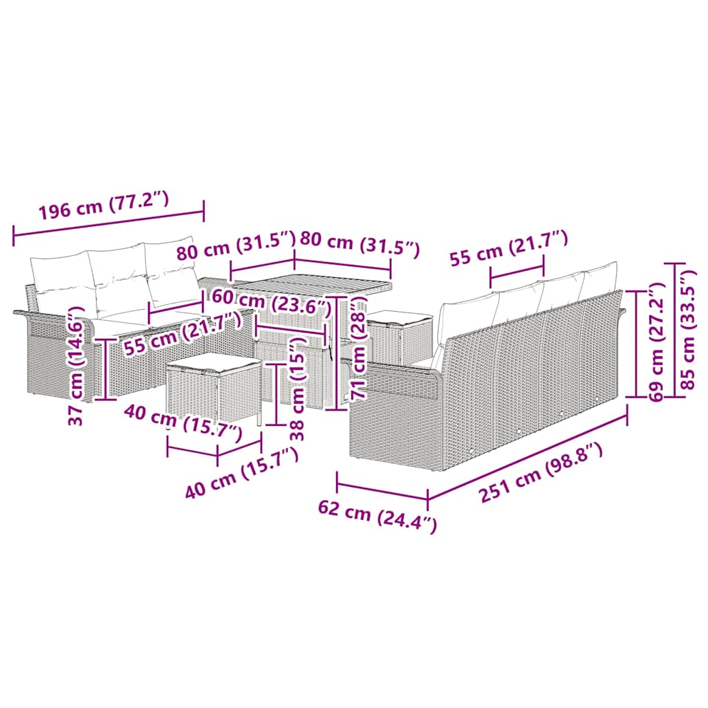 vidaXL Tuinbank Set met kussen 10 pcs Zwart poly rattan