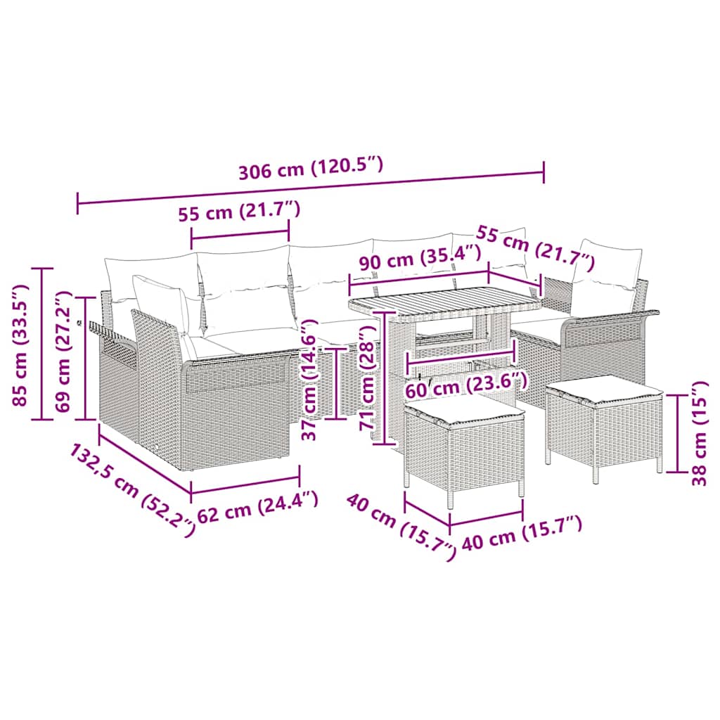 vidaXL Tuinbank Set met kussen 10 pcs Zwart poly rattan