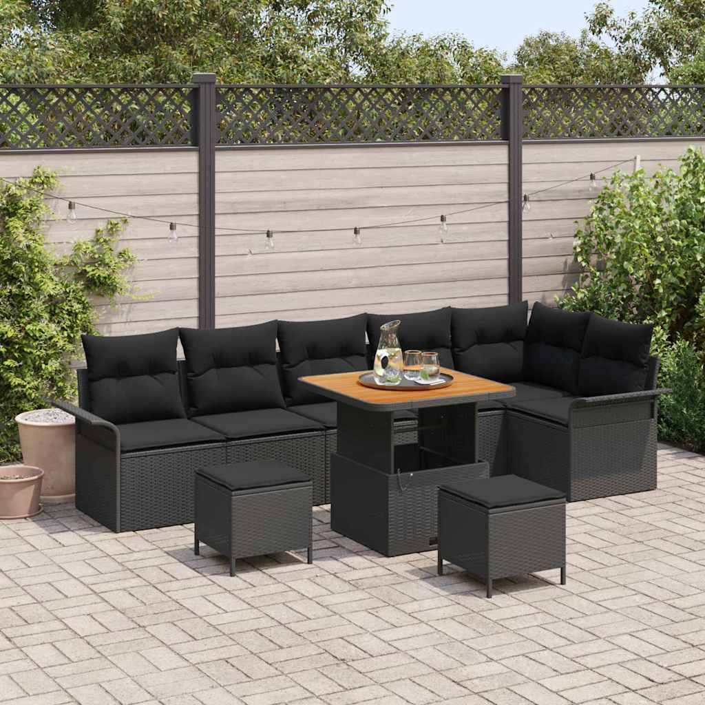 vidaXL Tuinbank Set met kussen 9 pcs Zwart poly rattan