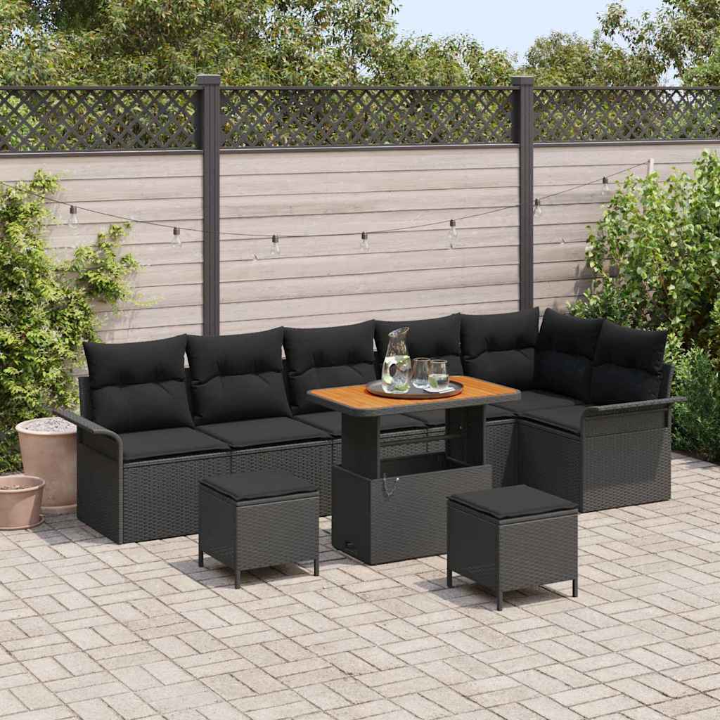 vidaXL Tuinbank Set met kussen 9 pcs Zwart poly rattan