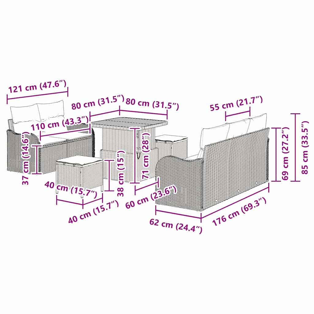 vidaXL Tuinbank Set met kussen 8 pcs Zwart poly rattan