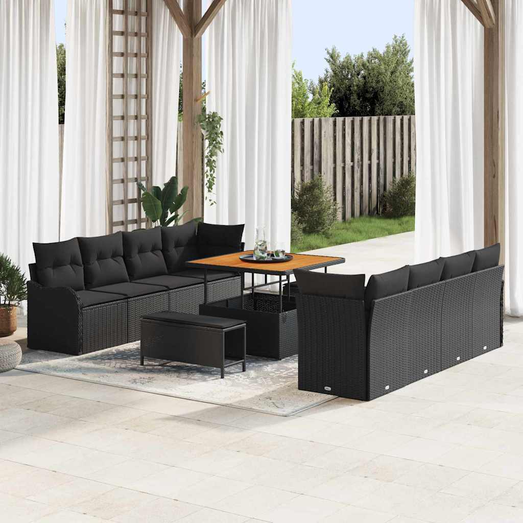 vidaXL Tuinbank Set met kussen 11 pcs Zwart poly rattan
