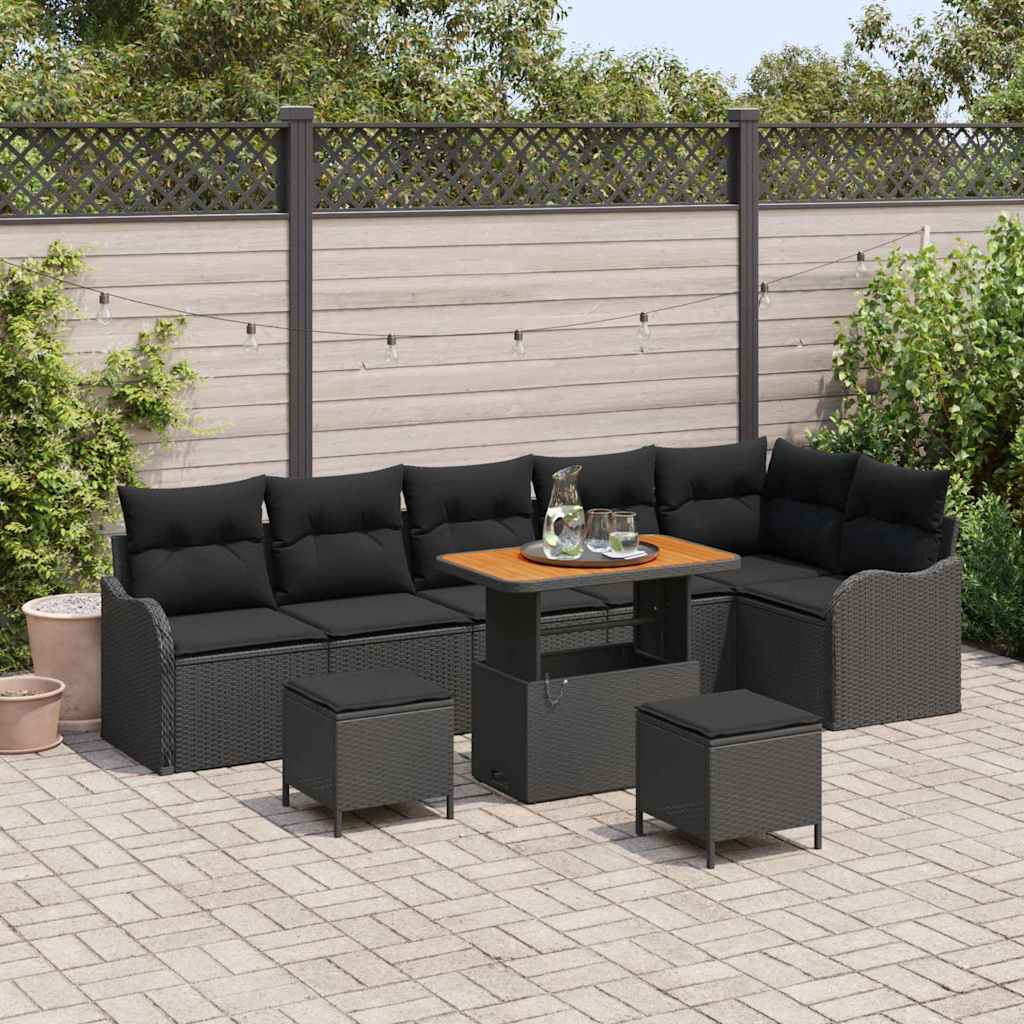 vidaXL Tuinbank Set met kussen 9 pcs Zwart poly rattan