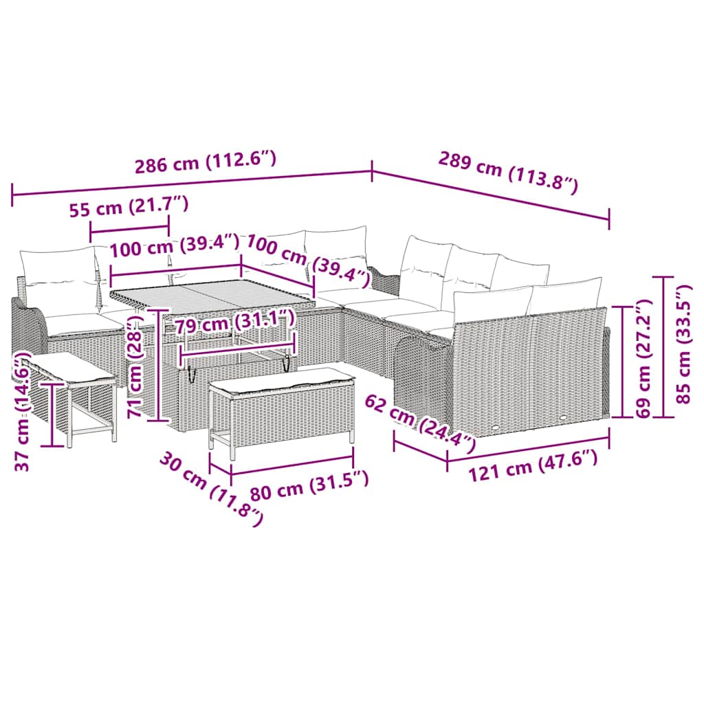 vidaXL Tuinbank Set 13 pcs Zwart poly rattan