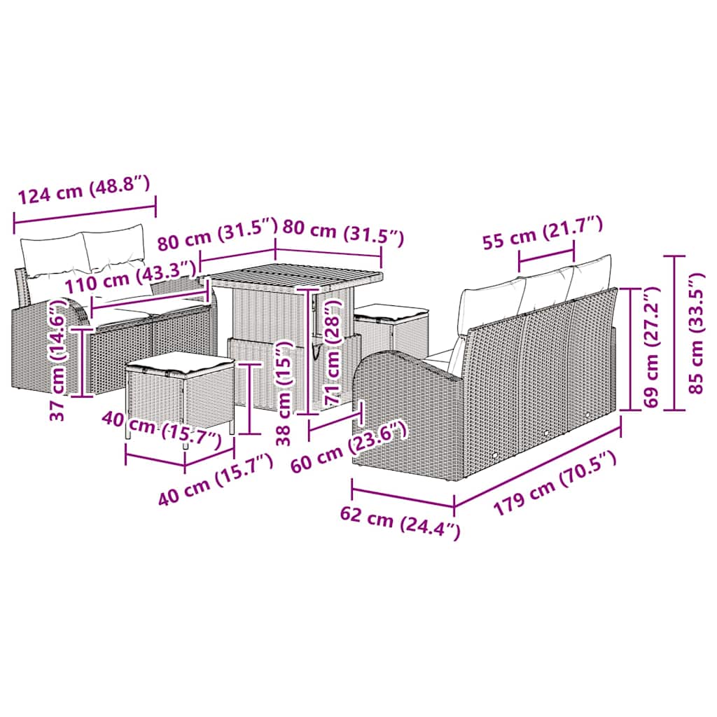 vidaXL Tuinbank Set met kussen 8 pcs Zwart poly rattan