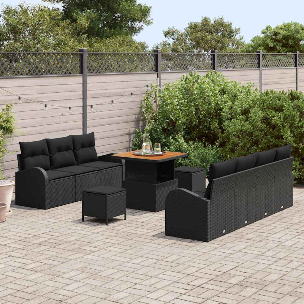 vidaXL Tuinbank Set met kussen 10 pcs Zwart poly rattan