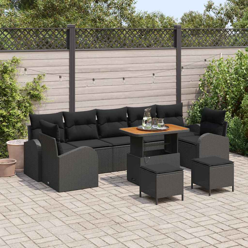 vidaXL Tuinbank Set met kussen 10 pcs Zwart poly rattan