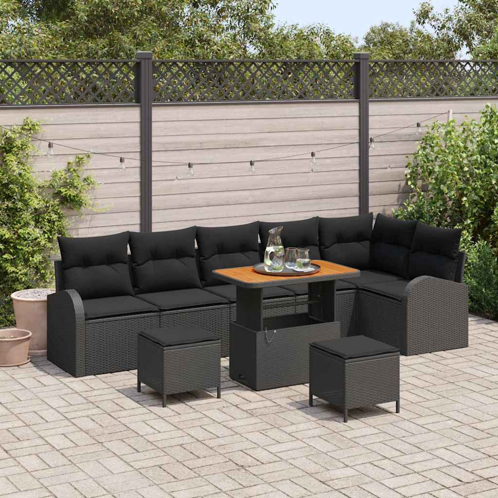 vidaXL Tuinbank Set met kussen 9 pcs Zwart poly rattan