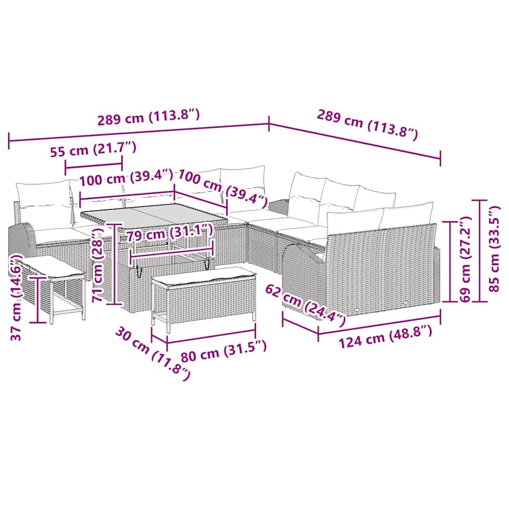 vidaXL Tuinbank Set met kussen 13 pcs Zwart poly rattan