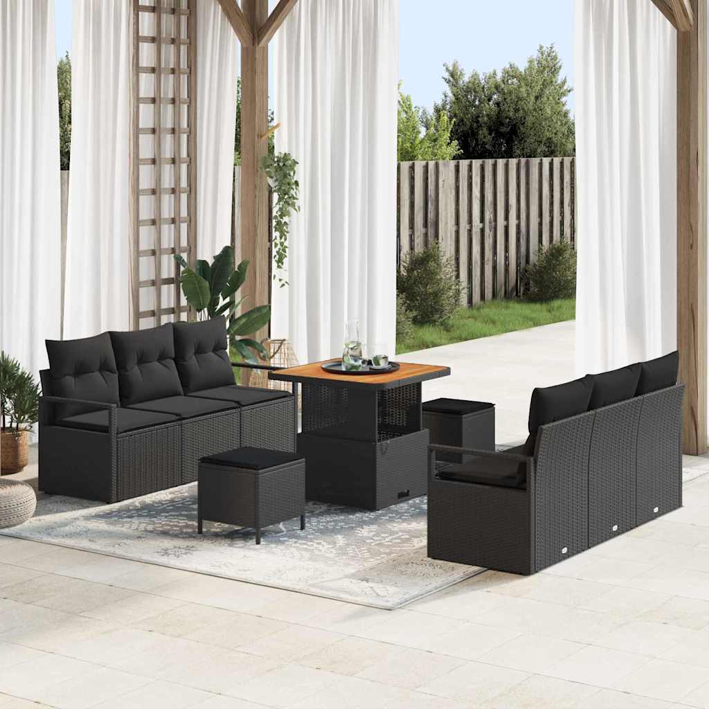 vidaXL Tuinbank Set met kussen 9 pcs Zwart poly rattan