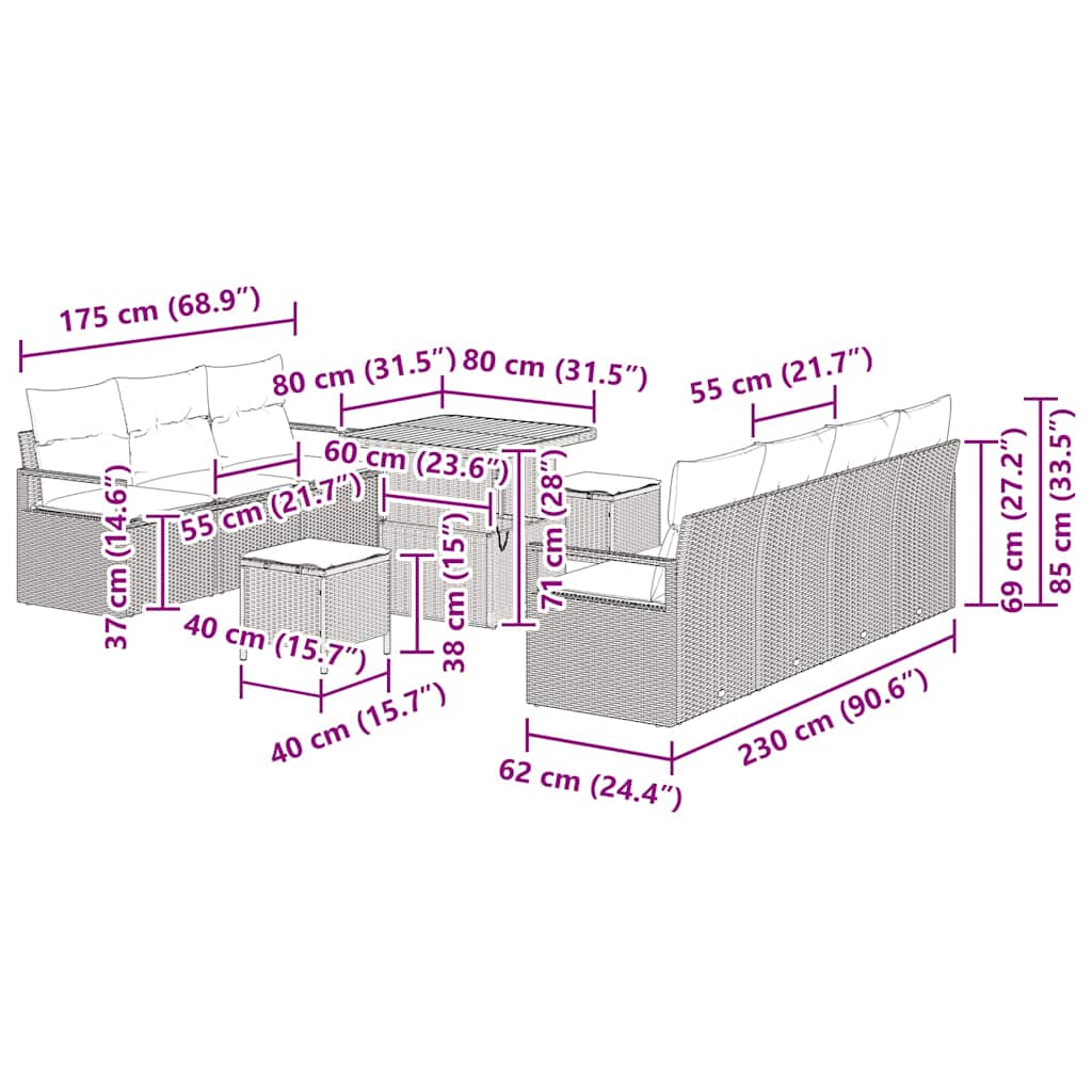 vidaXL Tuinbank Set met kussen 10 pcs Zwart poly rattan