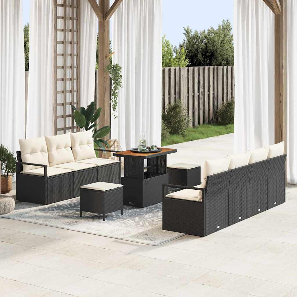 vidaXL Tuinbank Set met kussen 10 pcs Zwart poly rattan