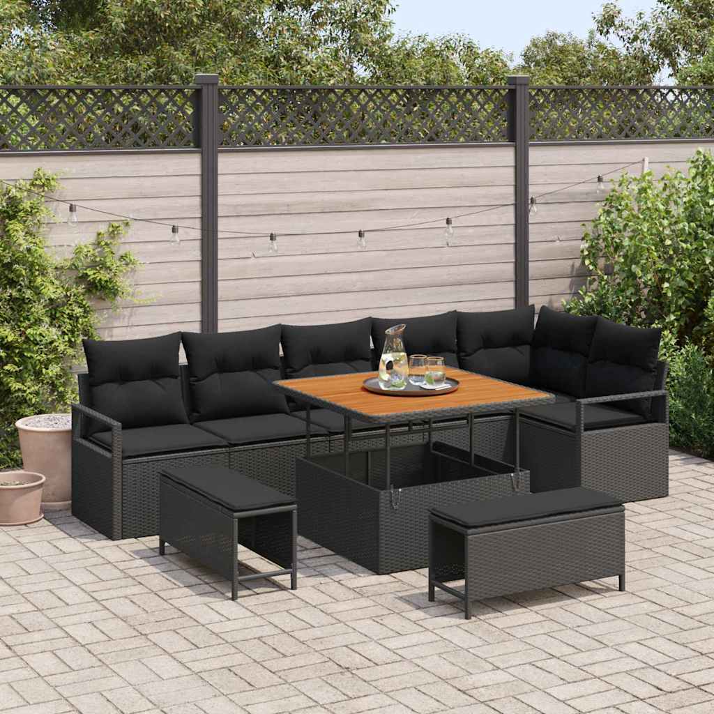 vidaXL Tuinbank Set met kussen 9 pcs Zwart Poly rattan