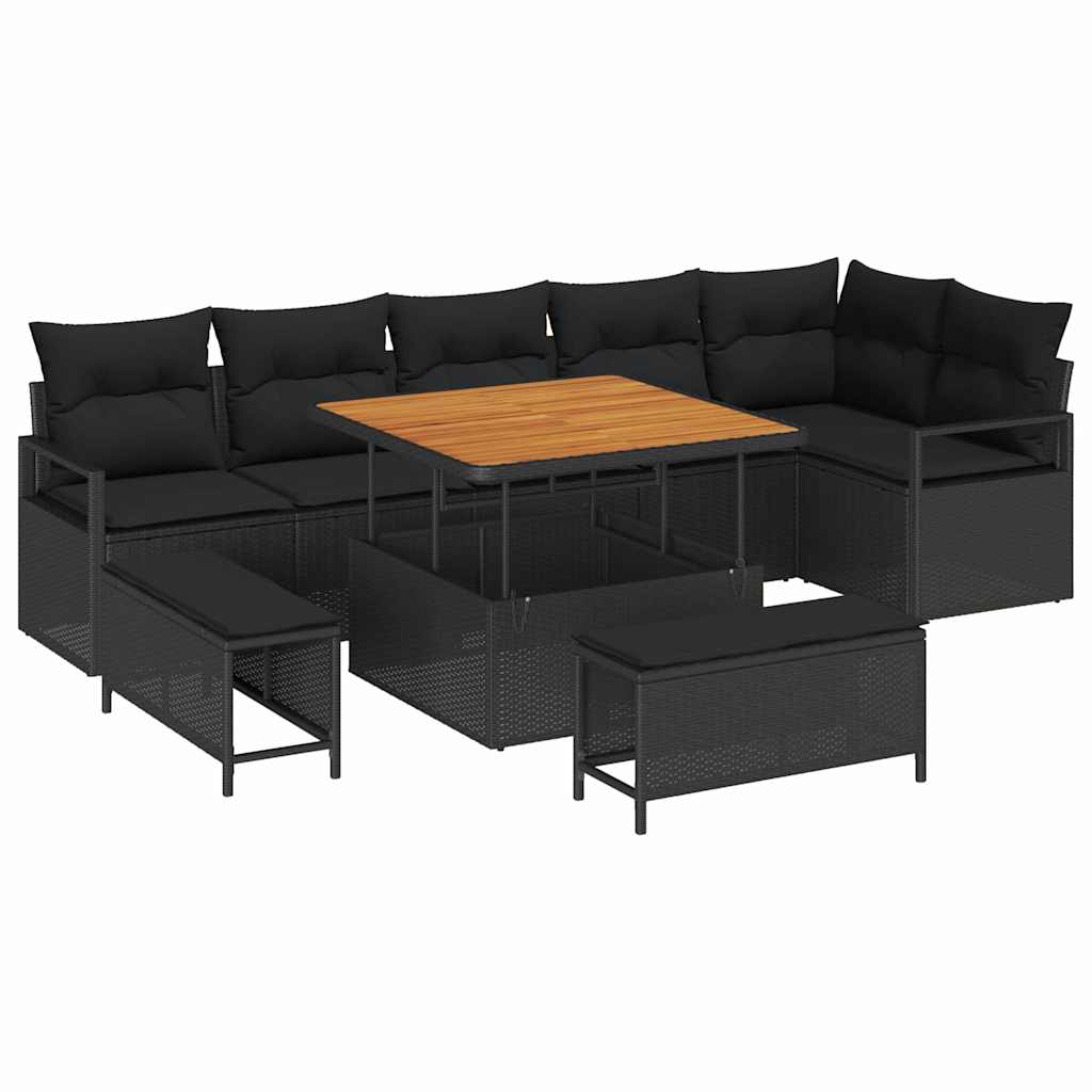 vidaXL Tuinbank Set met kussen 9 pcs Zwart Poly rattan