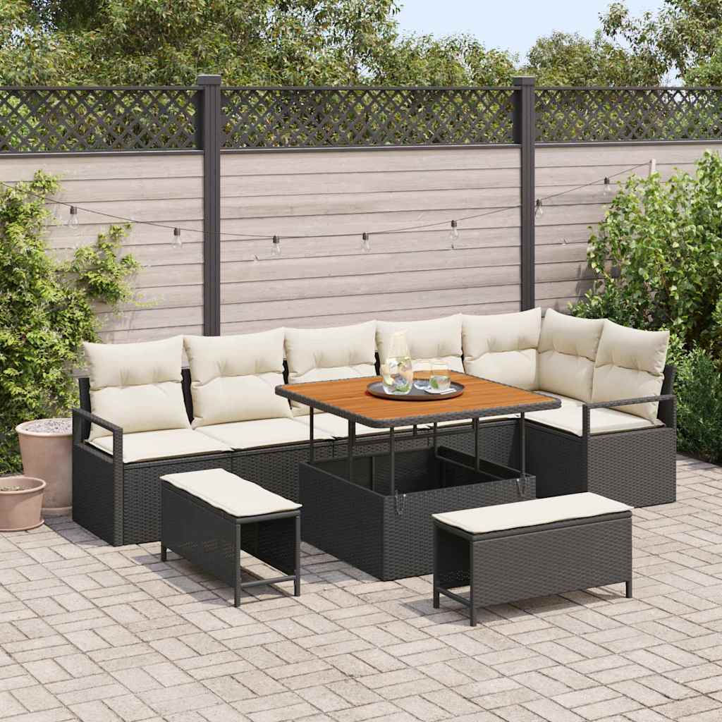 vidaXL Tuinbank Set met kussen 9 pcs Zwart Poly rattan