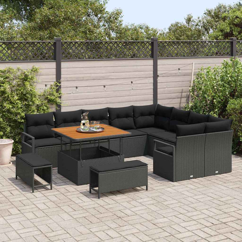 vidaXL Tuinbank Set met kussen 12 pcs Zwart poly rattan