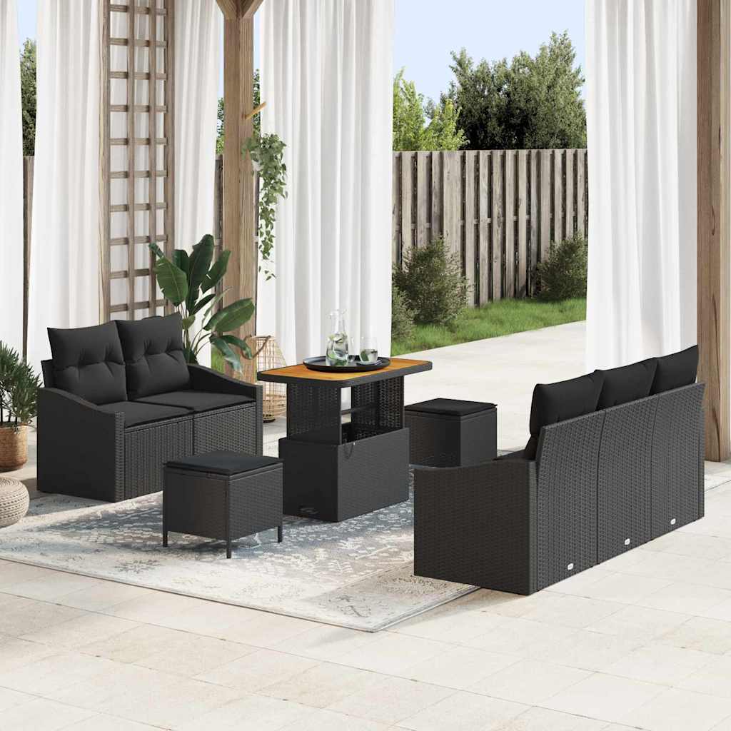 vidaXL Tuinbank Set met kussen 8 pcs Zwart poly rattan