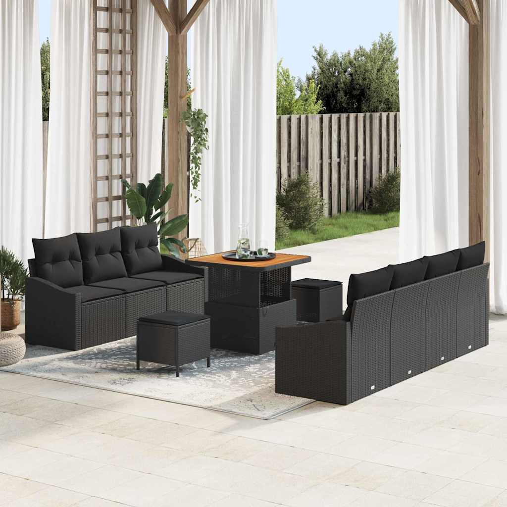 vidaXL Tuinbank Set met kussen 10 pcs Zwart poly rattan