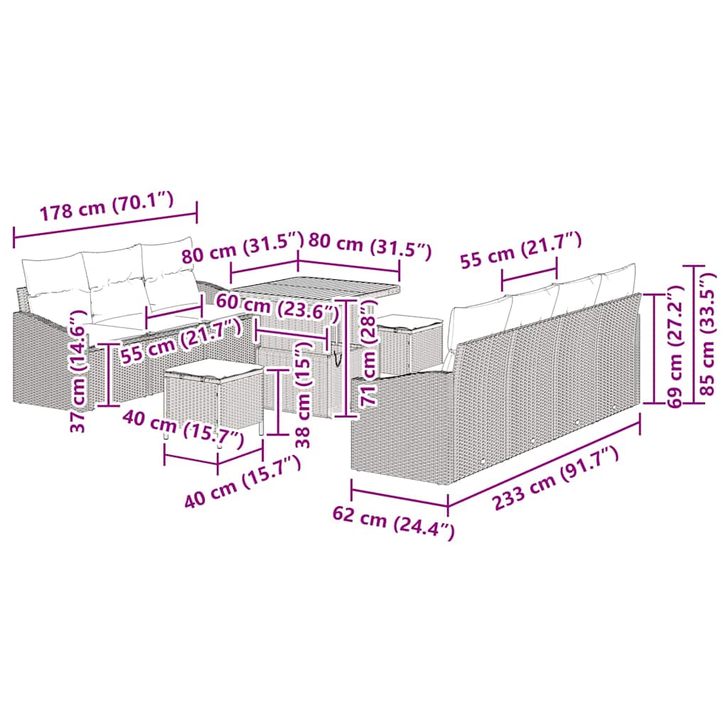 vidaXL Tuinbank Set met kussen 10 pcs Zwart poly rattan
