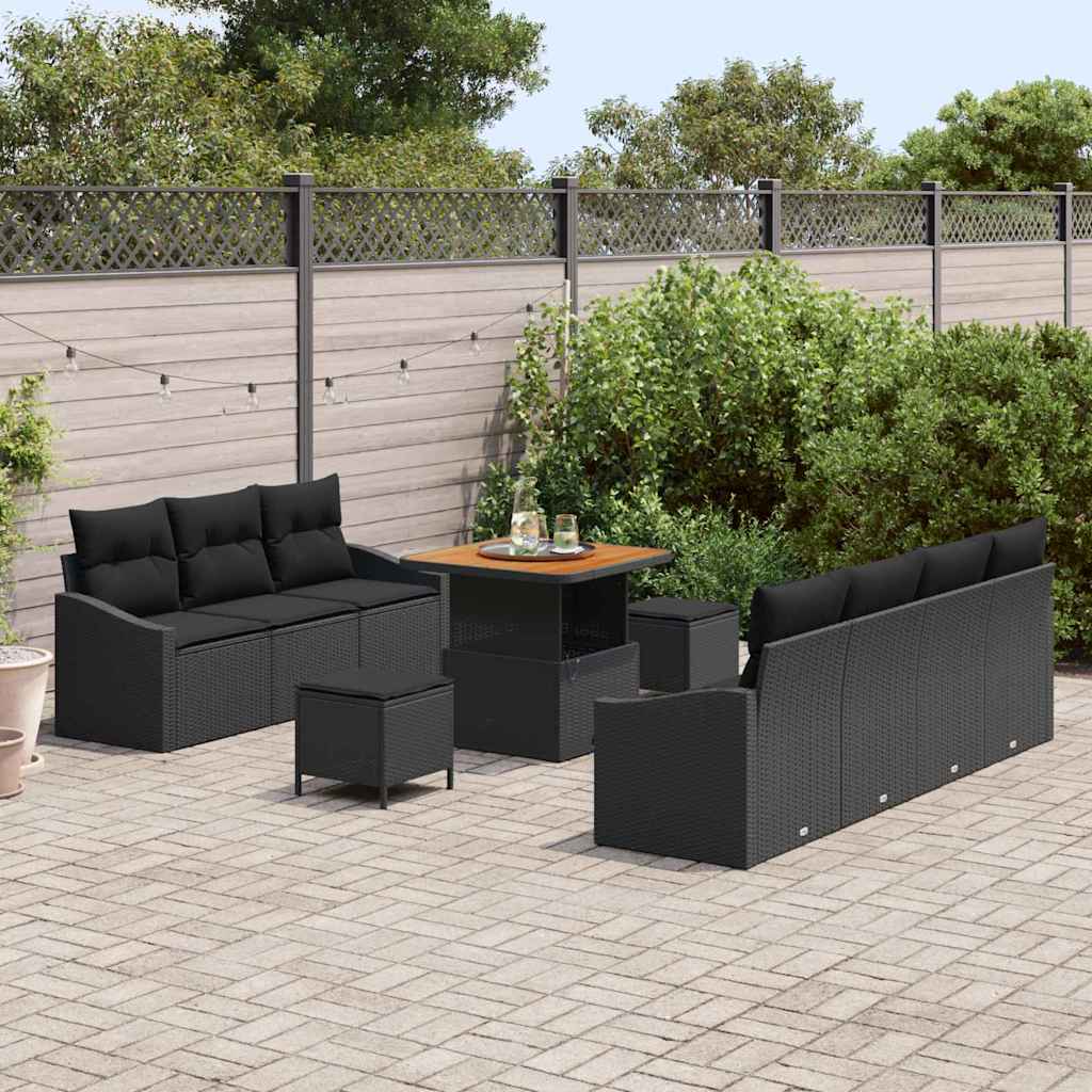 vidaXL Tuinbank Set met kussen 10 pcs Zwart poly rattan