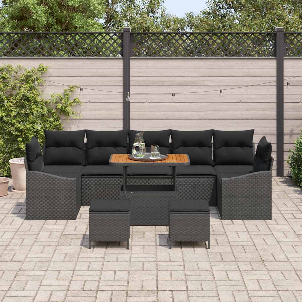vidaXL Tuinbank Set met kussen 10 pcs Zwart poly rattan