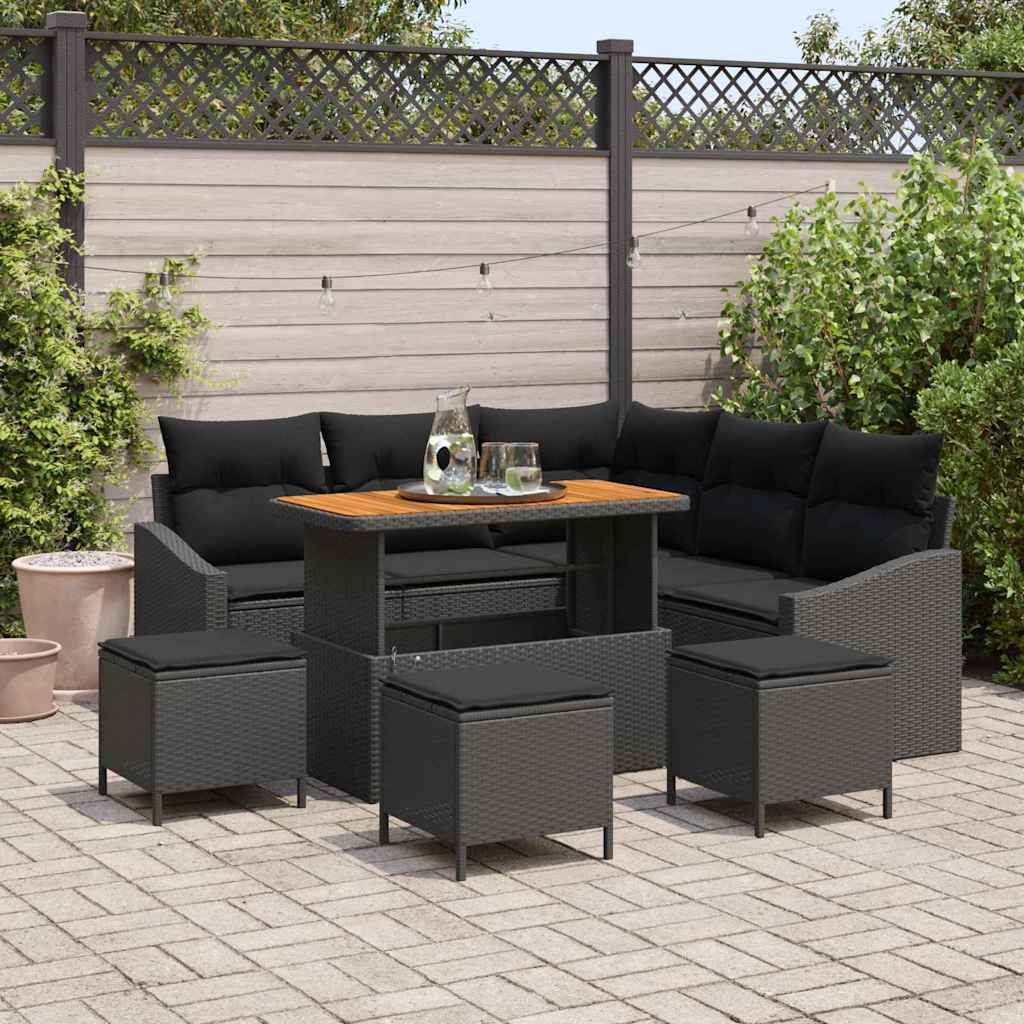 vidaXL Tuinbank Set met kussen 8 pcs Zwart poly rattan