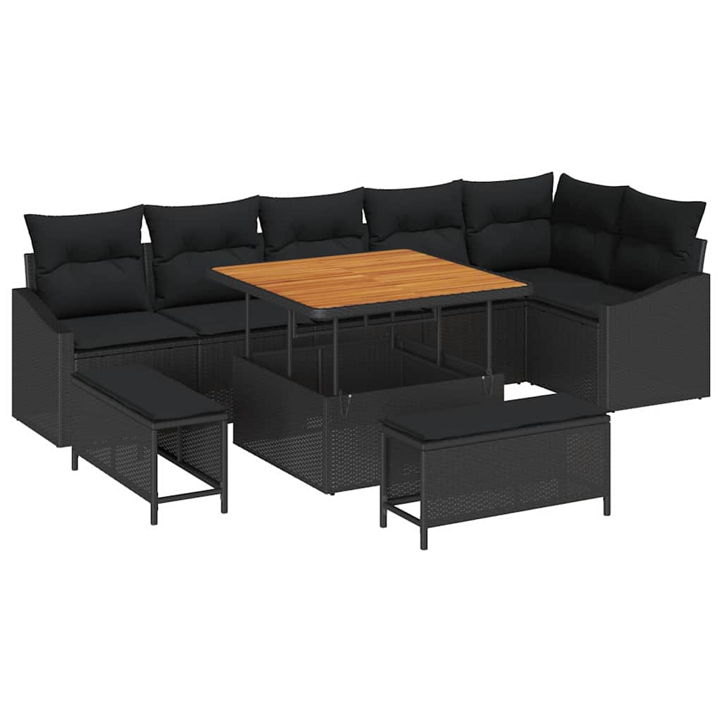 vidaXL Tuinbank Set met kussen 9 pcs Zwart poly rattan