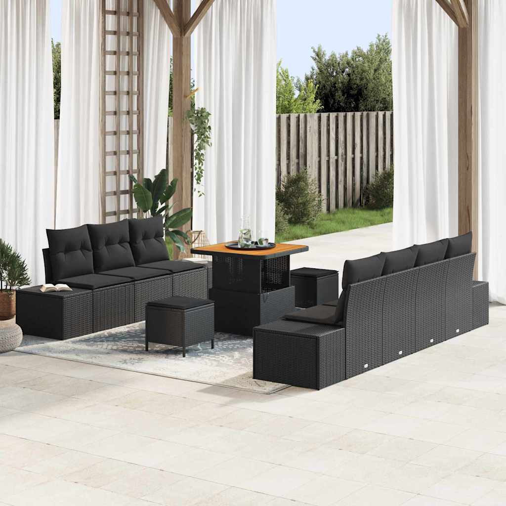 vidaXL Tuinbank Set met kussen 10 pcs Zwart poly rattan