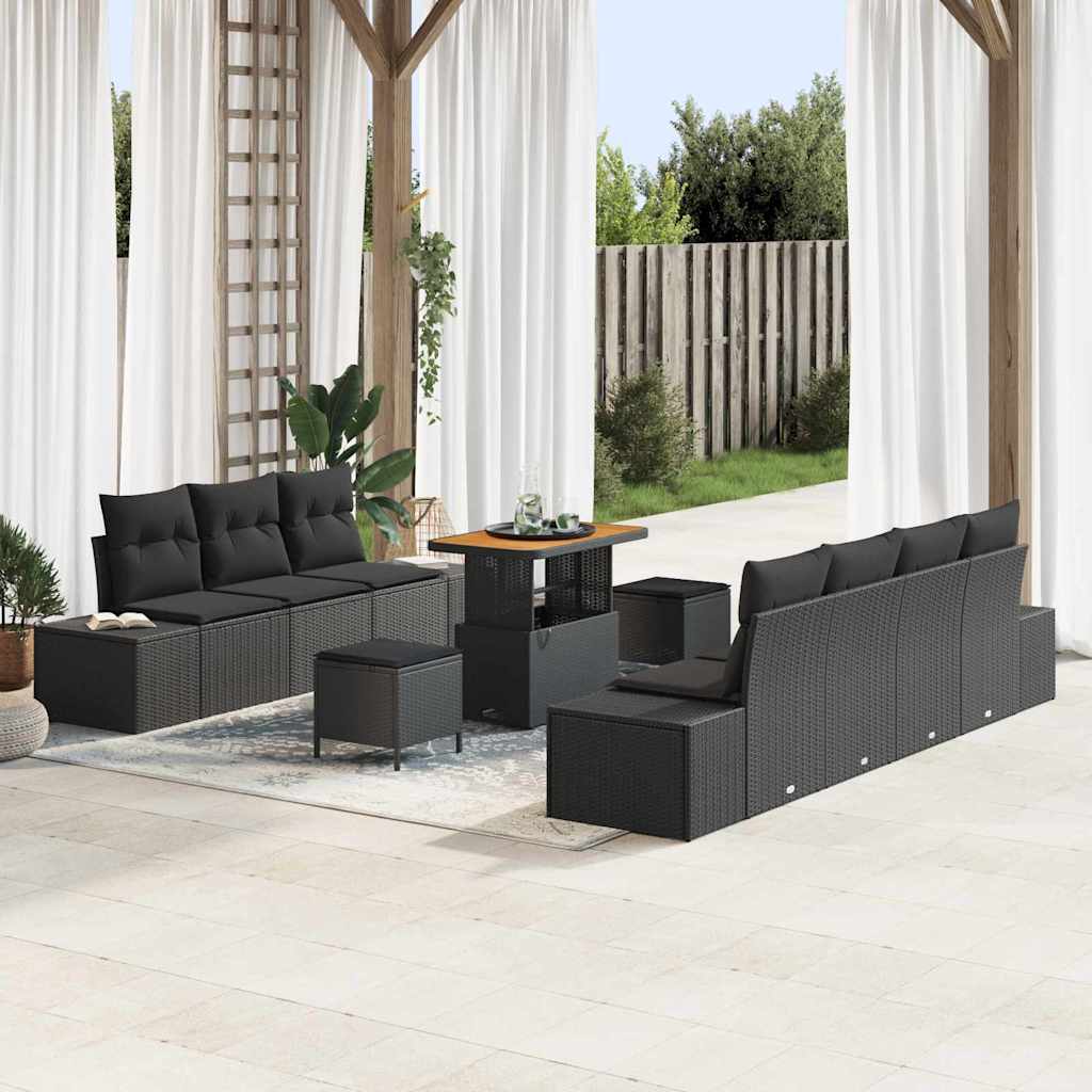vidaXL Tuinbank Set met kussen 10 pcs Zwart poly rattan