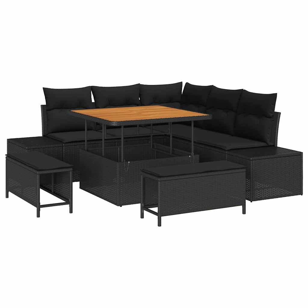 vidaXL Tuinbank Set met kussen 8 pcs Zwart poly rattan