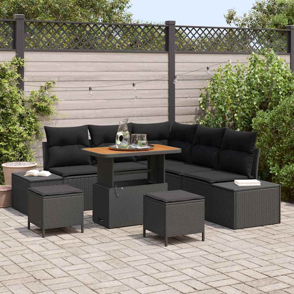 vidaXL Tuinbank Set met kussen 8 pcs Zwart poly rattan