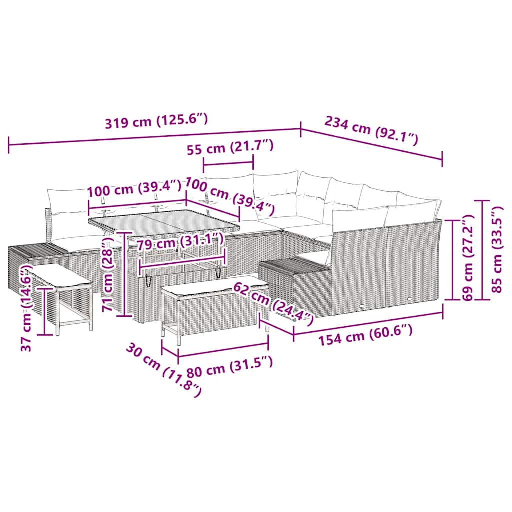 vidaXL Tuinbank Set met kussen 12 pcs Zwart poly rattan