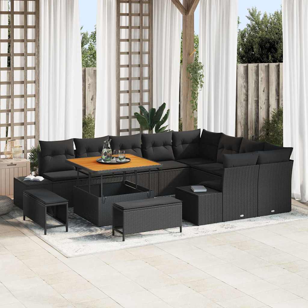 vidaXL Tuinbank Set met kussen 12 pcs Zwart poly rattan