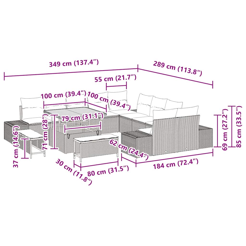 vidaXL Tuinbank Set met kussen 13 pcs Zwart poly rattan