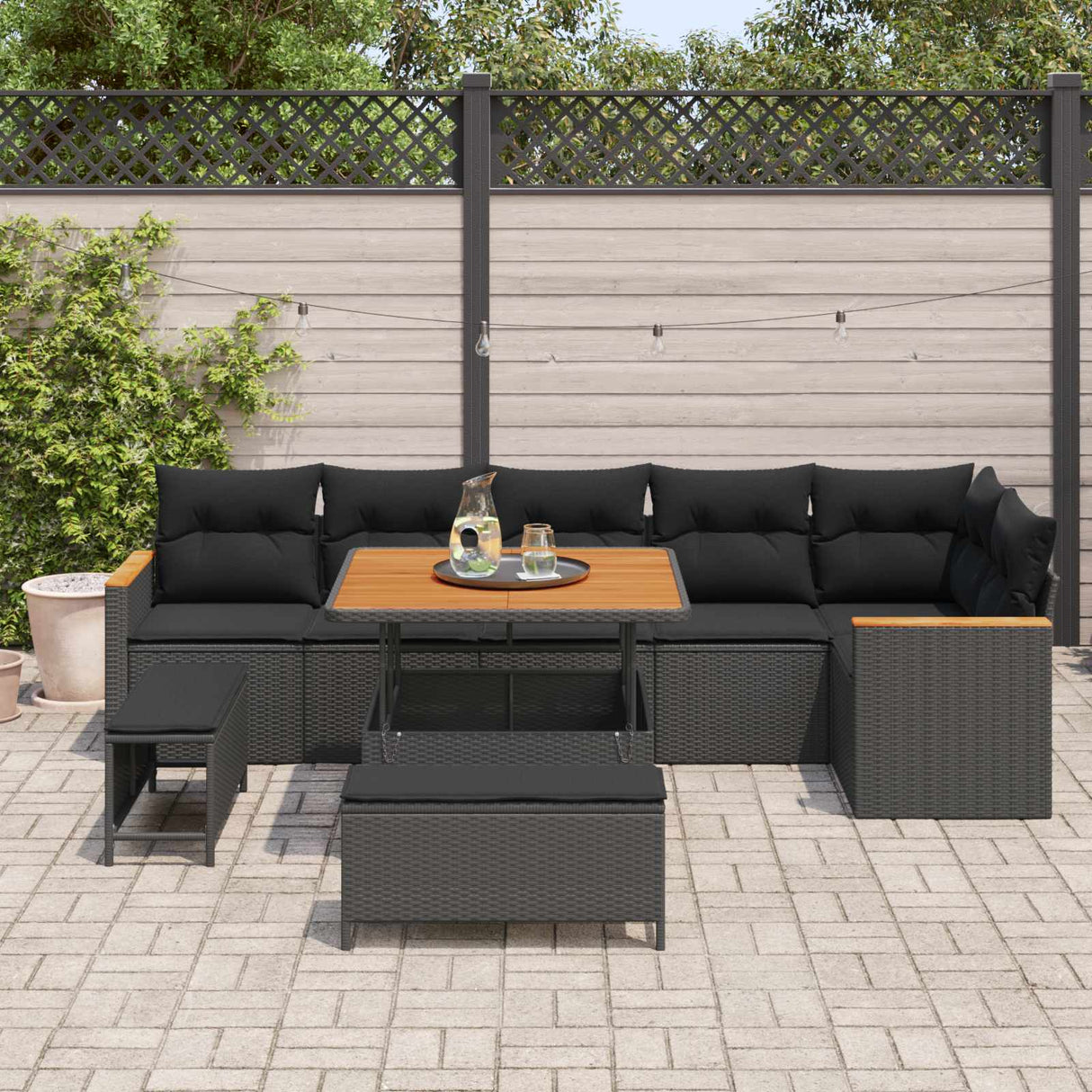 vidaXL Tuinbank Set 9 pcs Zwart poly rattan