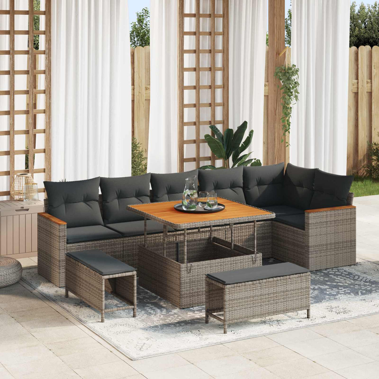 vidaXL Tuinbank Set 9 pcs Zwart poly rattan