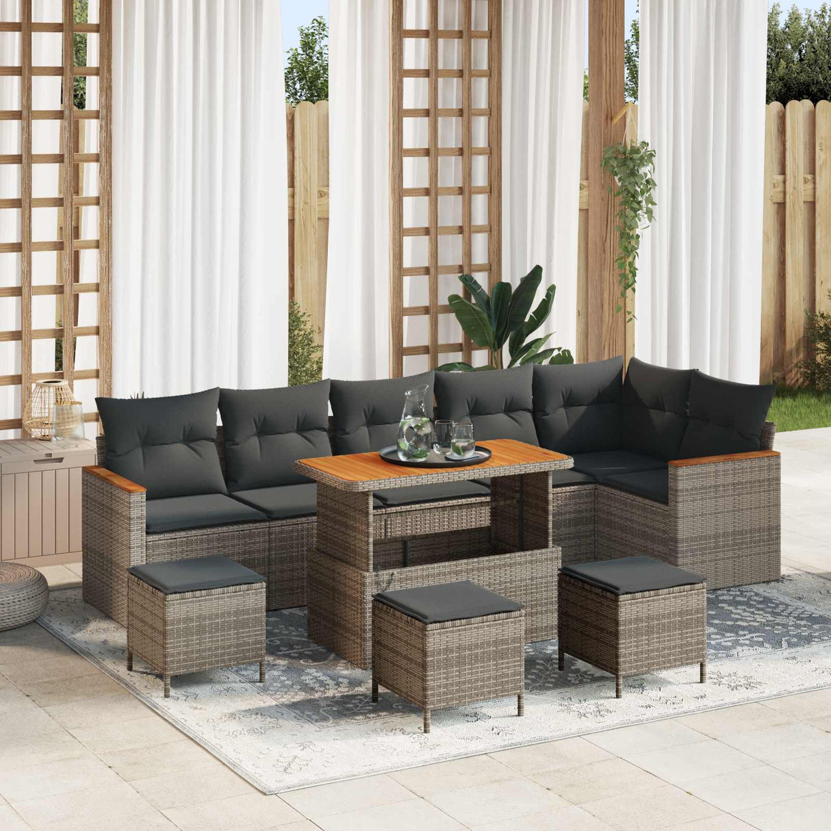 vidaXL Tuinbank Set 9 pcs Zwart poly rattan