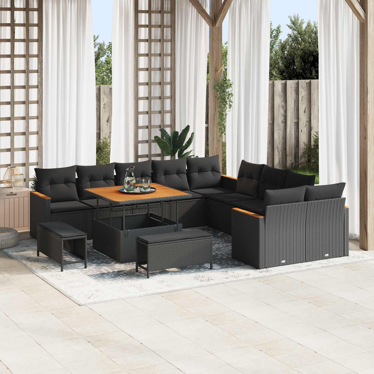 vidaXL Tuinbank Set 13 pcs Zwart poly rattan