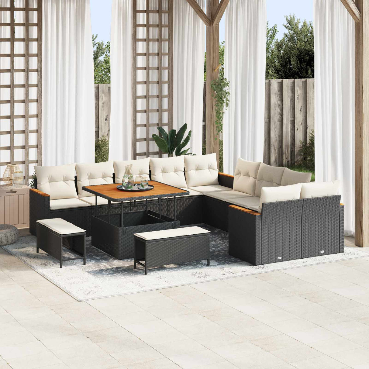 vidaXL Tuinbank Set 13 pcs Zwart poly rattan