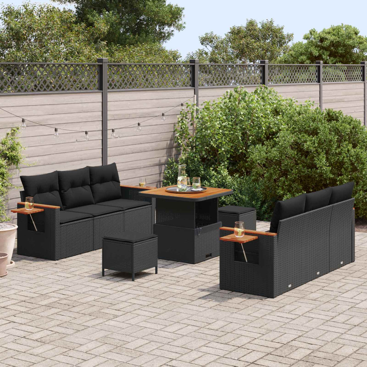 vidaXL Tuinbank Set 9 pcs Zwart poly rattan