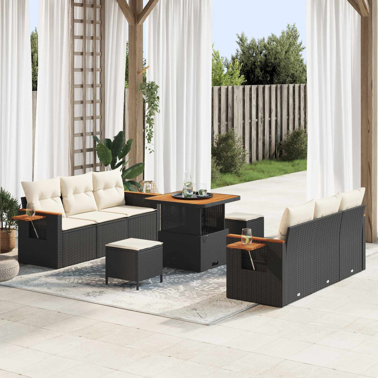 vidaXL Tuinbank Set 9 pcs Zwart poly rattan