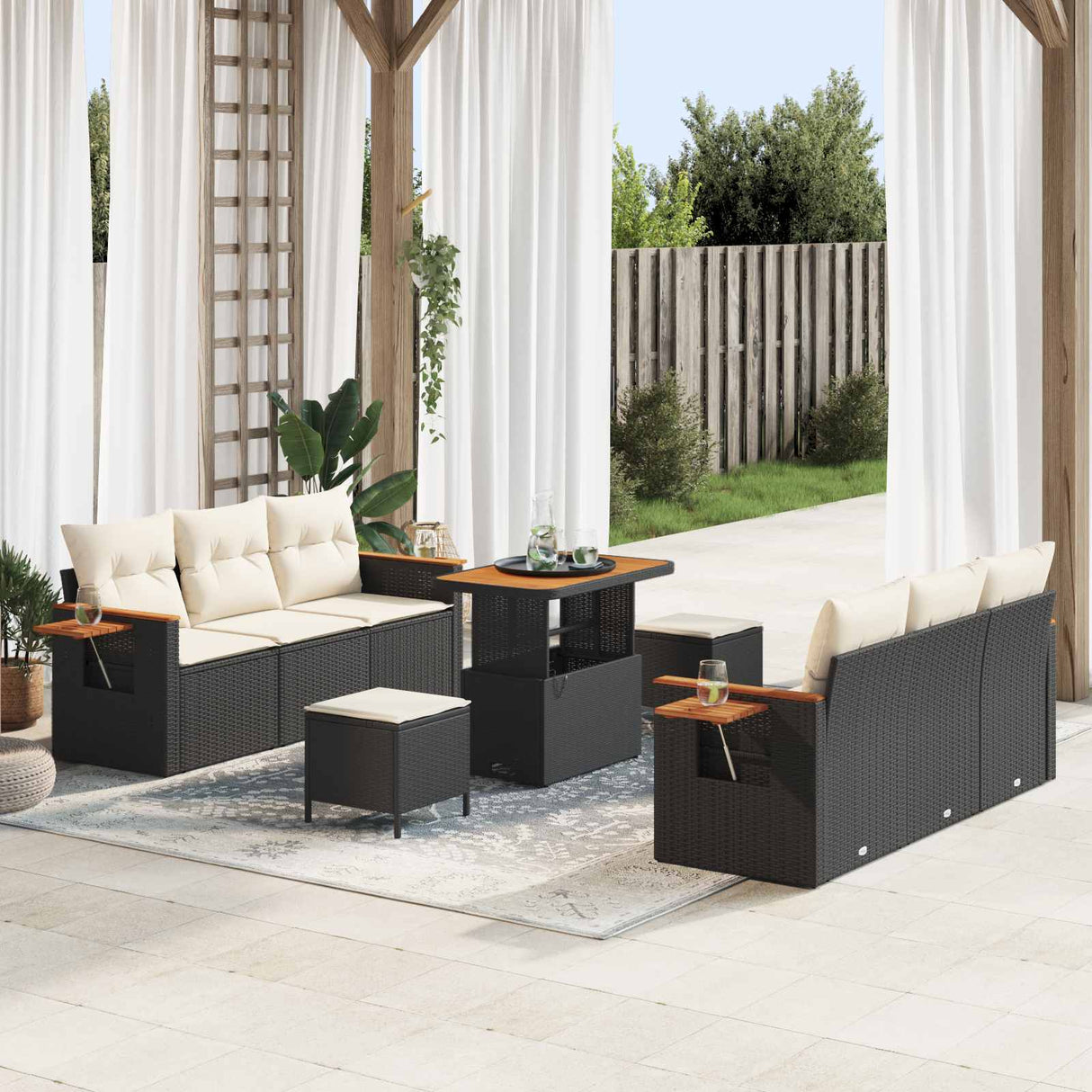 vidaXL Tuinbank Set 9 pcs Zwart poly rattan