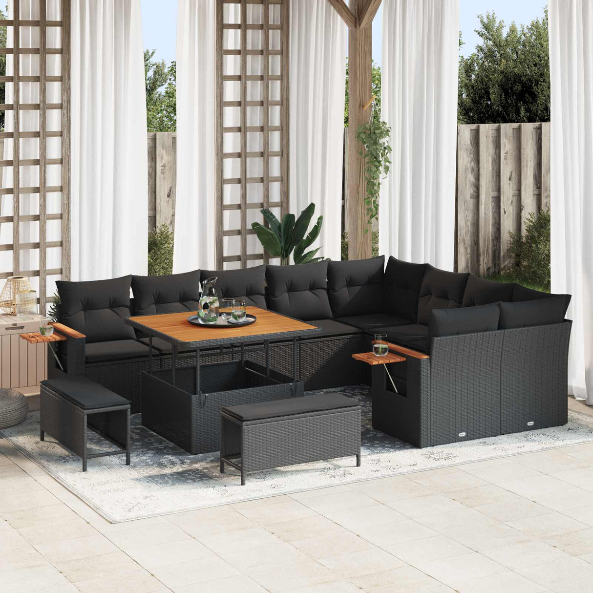 vidaXL Tuinbank Set 12 pcs Zwart poly rattan