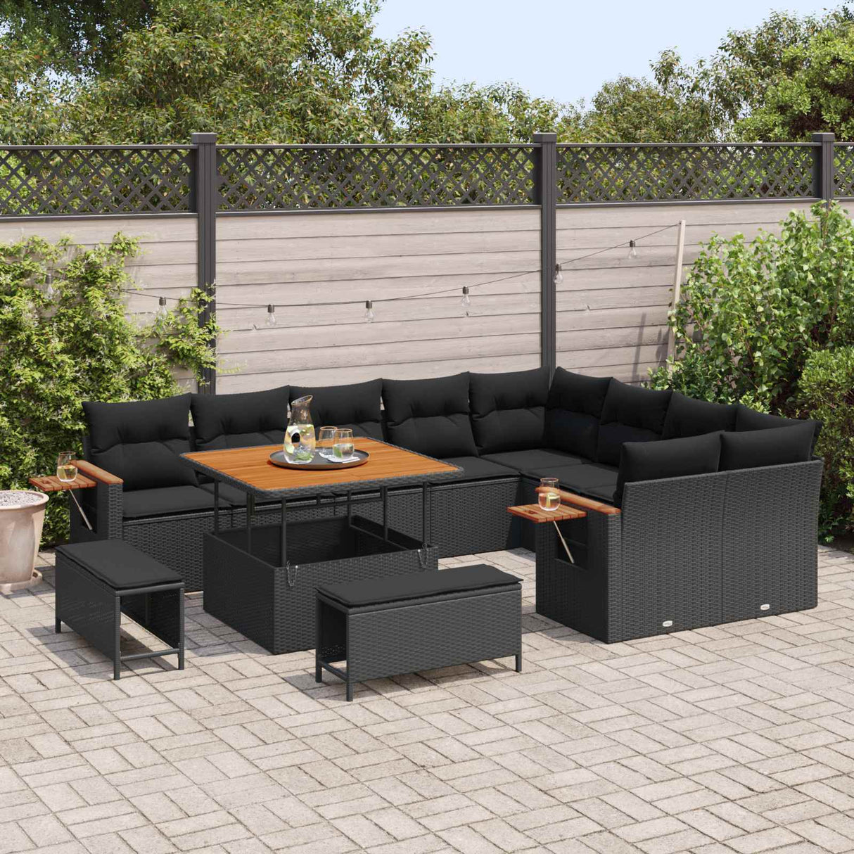 vidaXL Tuinbank Set 12 pcs Zwart poly rattan