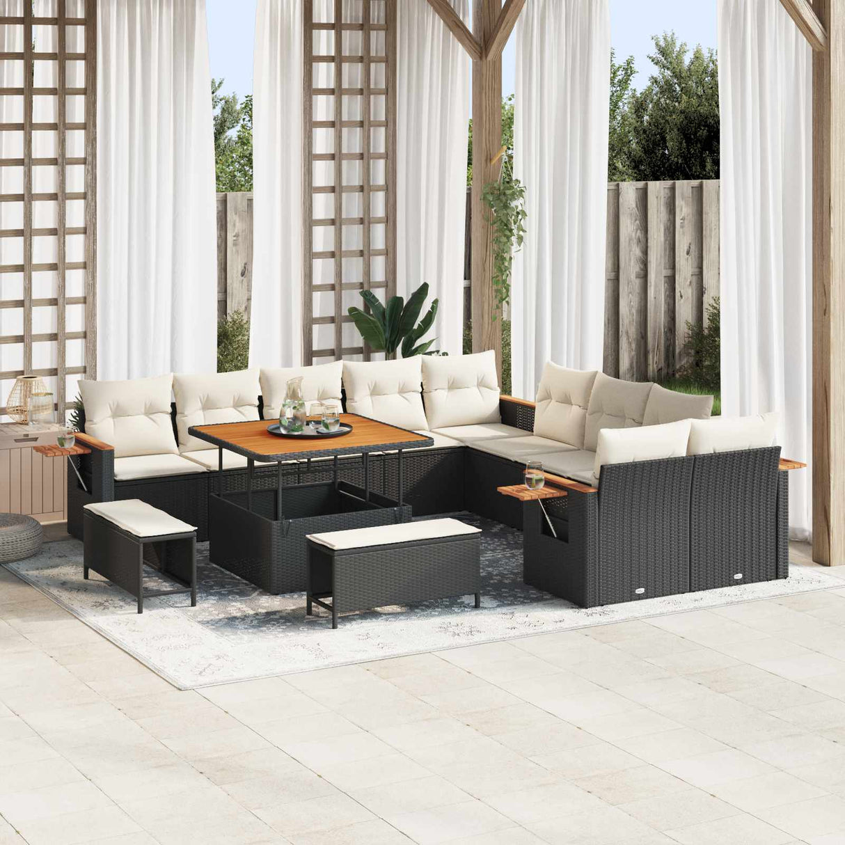 vidaXL Tuinbank Set 13 pcs Zwart poly rattan
